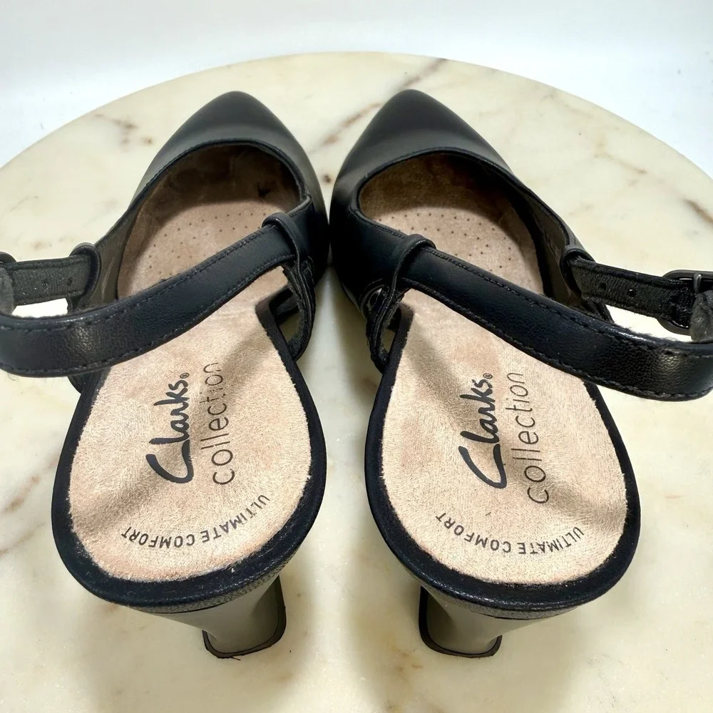 Clarks Black Leather Ultimate Comfort Collection Point Toe Slingback Heels 7M